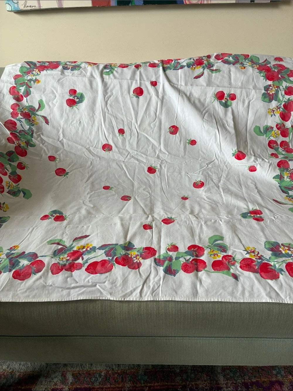 Vintage mid-century cotton tablecloth with Strawberries